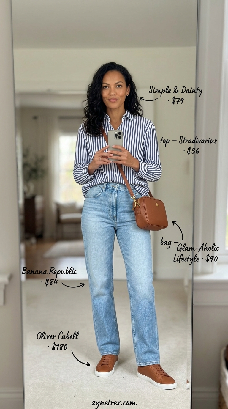 French Summer Outfits 2026: Bistro Casual Style French european summer outfits for women 2026: Striped shirt, light wash jeans, and crossbody bag for casual lunch.