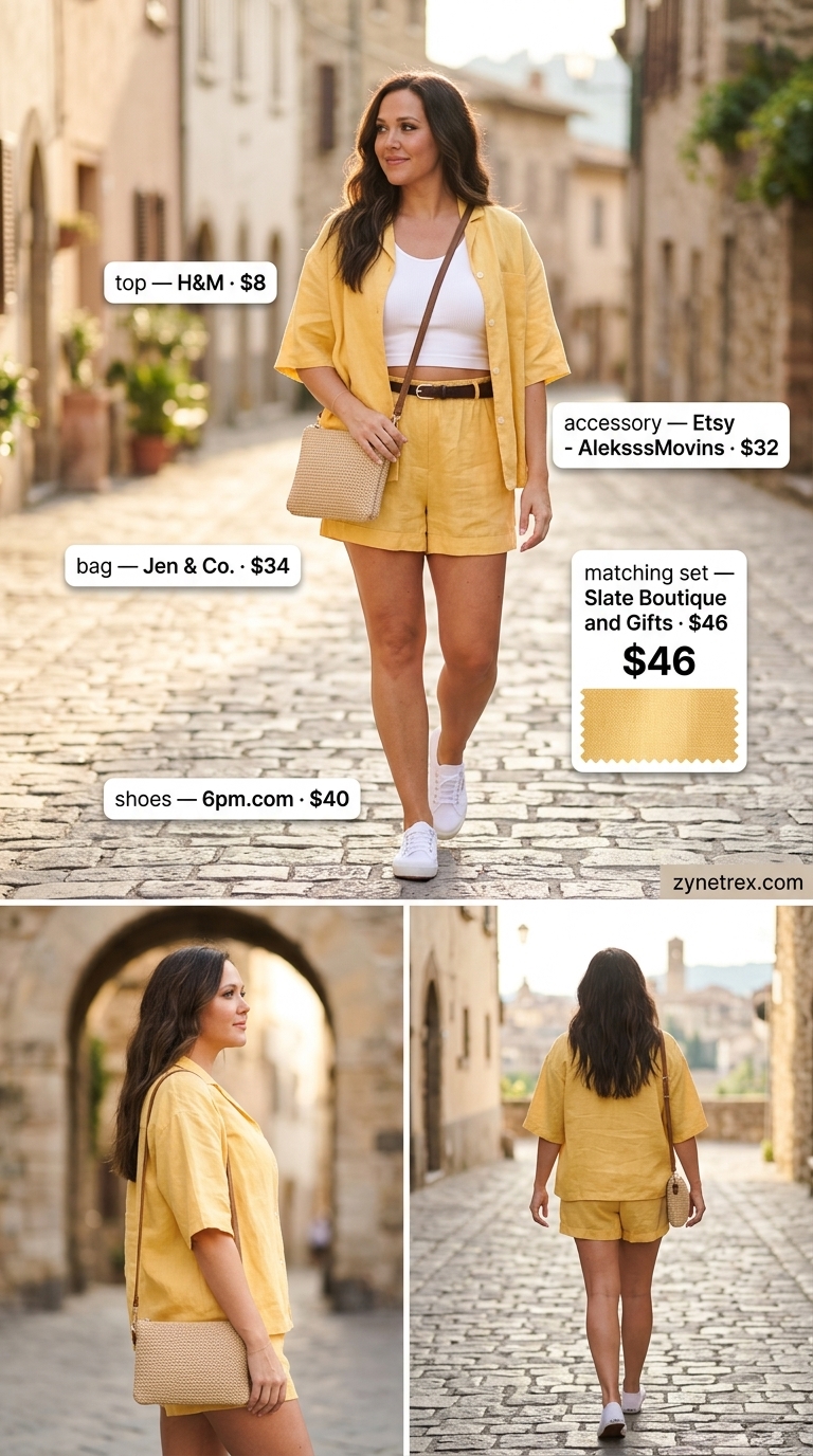 French Summer Outfits 2026: Yellow Linen Set French european summer outfits for women 2026: Yellow linen matching set, white tank, and straw bag for summer festival.