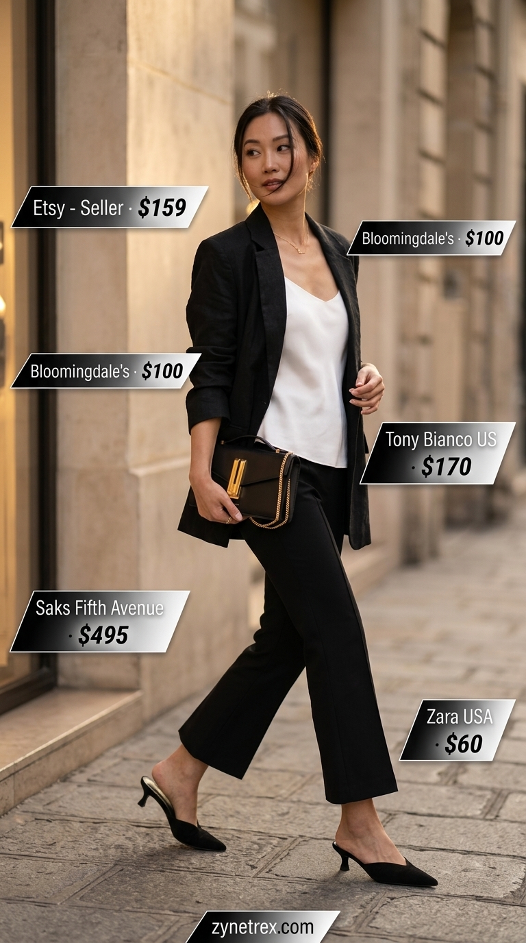 Elegant French Summer Evening Outfits 2026 French european summer outfits for women 2026: Black blazer, white silk cami, tailored pants for evening drinks.