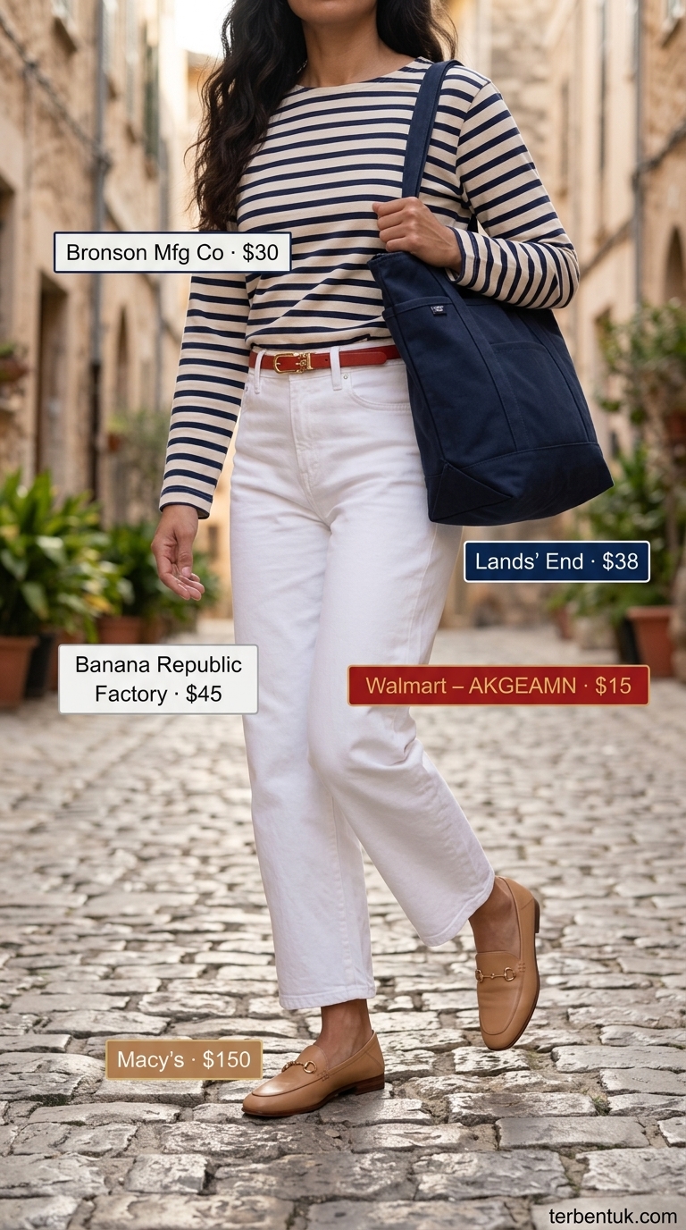 Classic French Summer Island Style 2026 French european summer outfits for women 2026: Breton stripe tee, white jeans, loafers for island hopping.