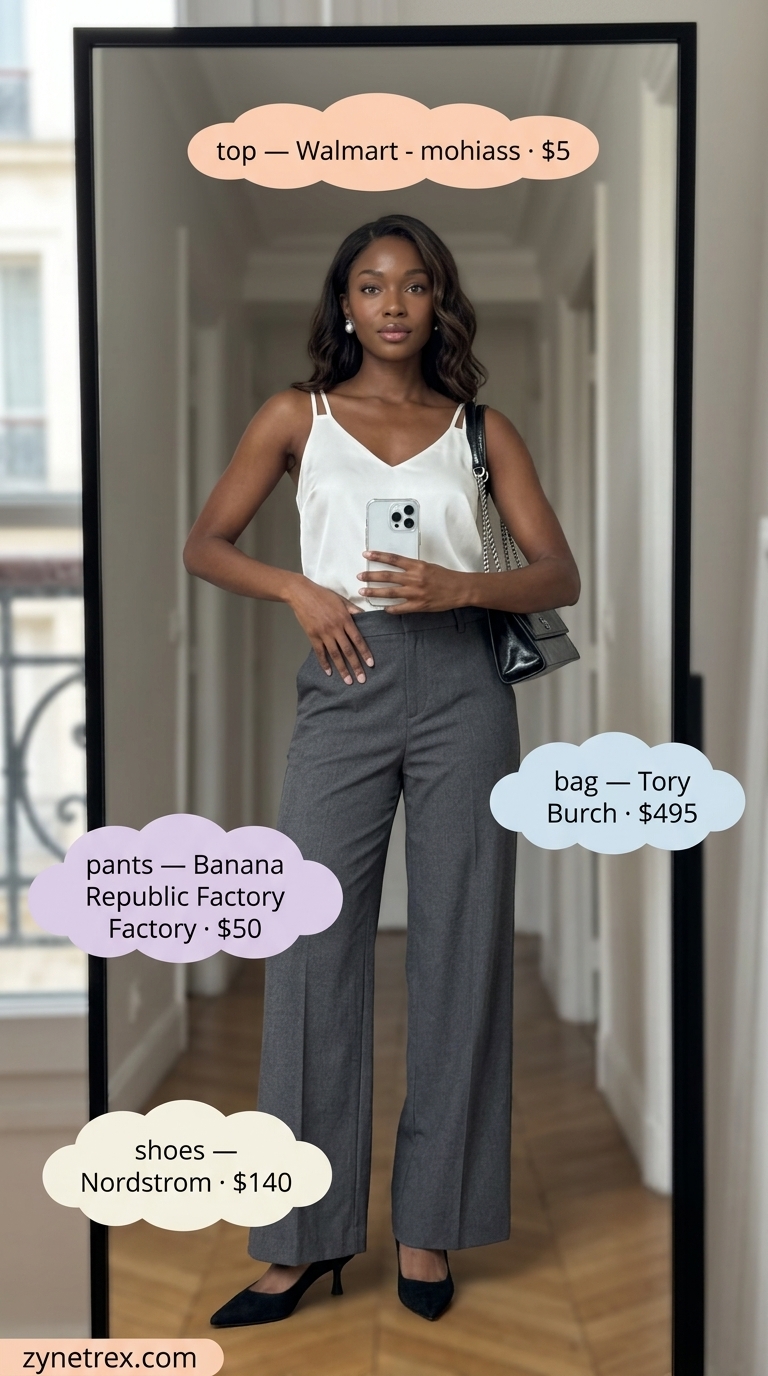 Sophisticated French Summer Trousers 2026 French european summer outfits for women 2026: Charcoal wide-leg trousers, ivory silk cami for gallery opening.