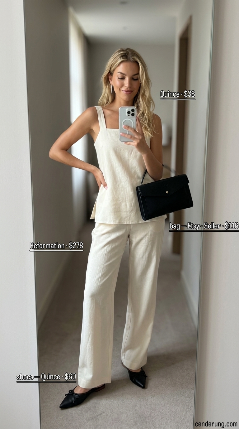 Sophisticated French Summer Resort Set 2026 French european summer outfits for women 2026: Off-white matching set, silver earrings for resort dinner.