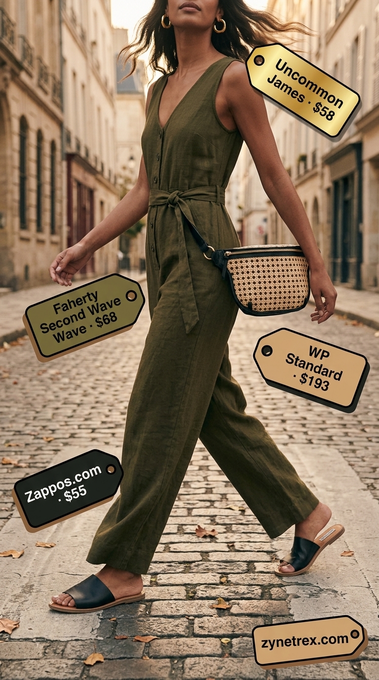Modern French Summer Jumpsuit 2026 French european summer outfits for women 2026: Olive green utility jumpsuit, black slides for Mediterranean stroll.