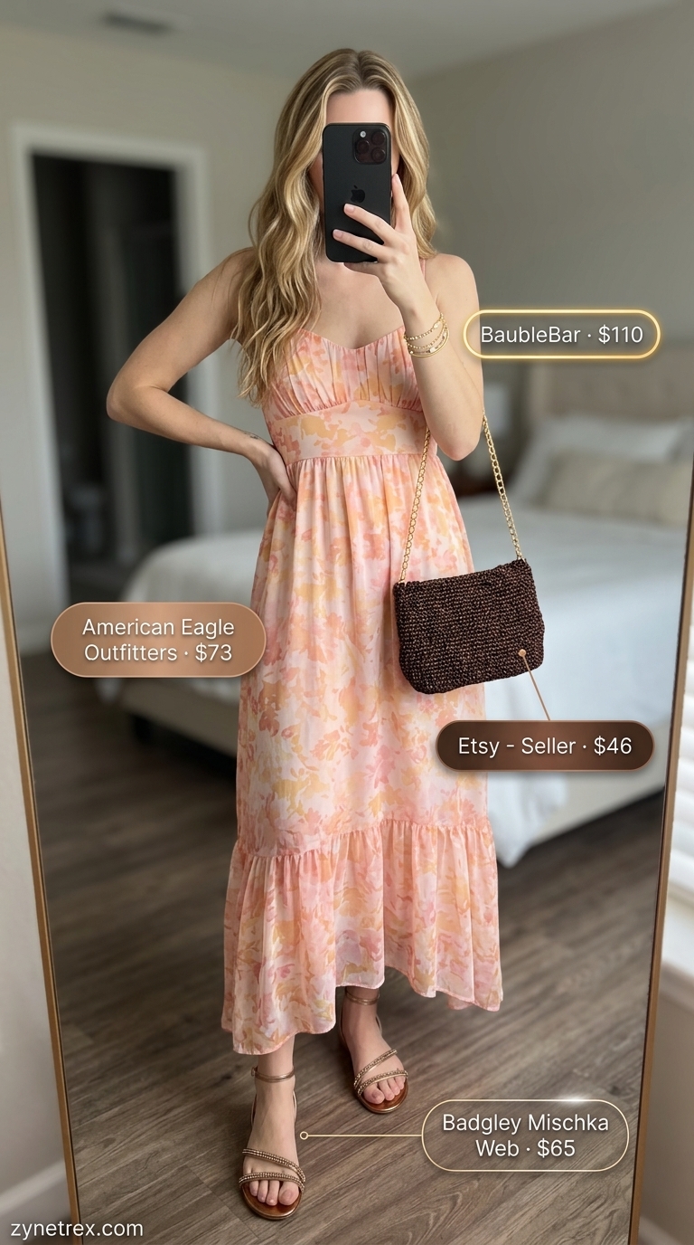 Romantic French Summer Maxi Dress 2026 French european summer outfits for women 2026: Peach crinkle chiffon maxi dress, bronze sandals for sunset stroll.