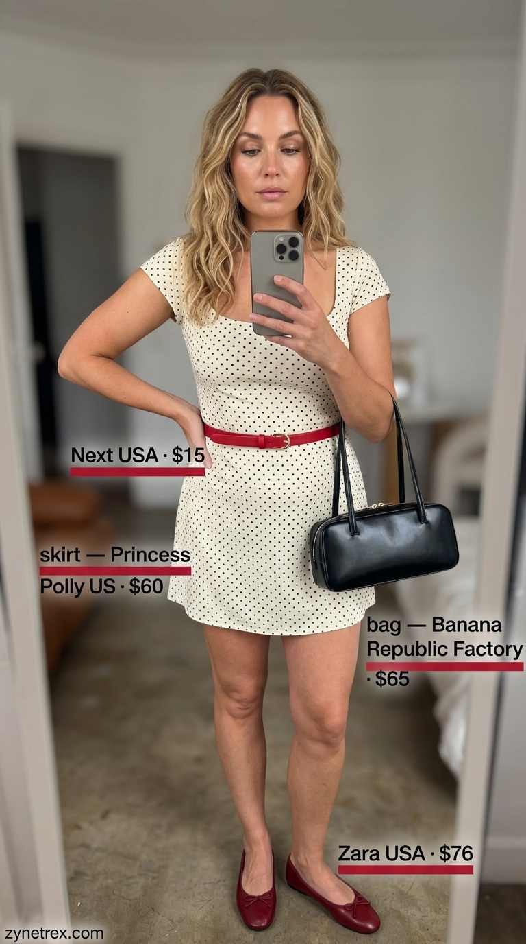 Chic French Summer Day Dress 2026 French european summer outfits for women 2026: Black and white polka dot mini dress, red belt & flats for daytime event.