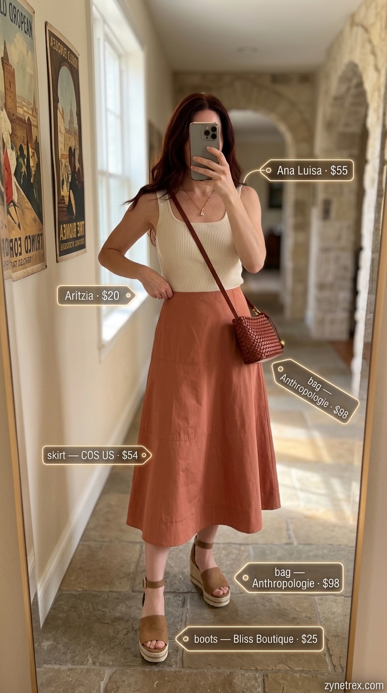 Charming French Summer Skirt Outfit 2026 French european summer outfits for women 2026: Terracotta A-line skirt, cream knit top, espadrilles for cafe lunch.