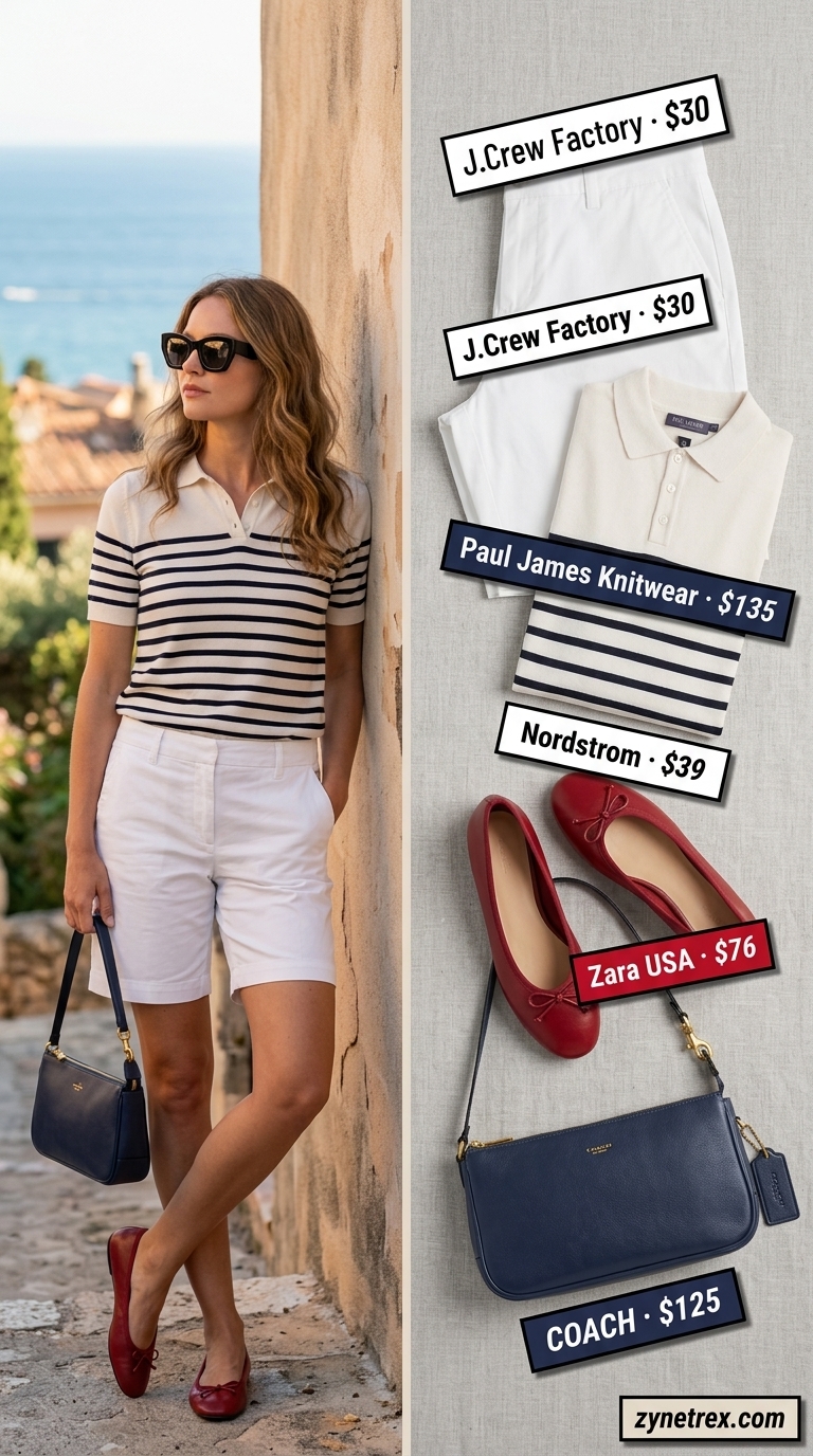 Chic French Summer Shorts Outfit 2026 French european summer outfits for women 2026: White Bermuda shorts, Breton polo, ballet flats for St Tropez.