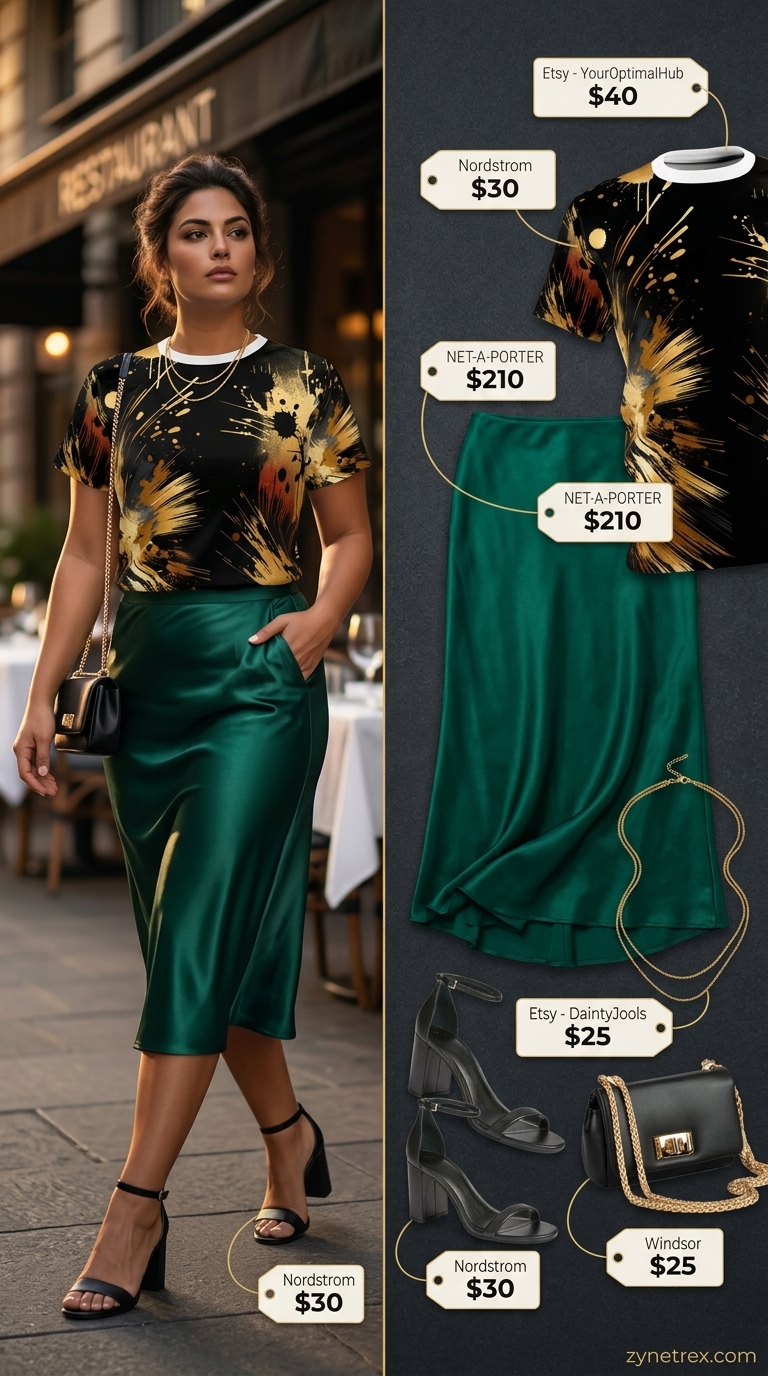 Artsy Evening Graphic Tee Outfit 2026 Chic graphic summer t-shirt outfit for women 2026: Black graphic tee paired with an emerald satin midi skirt for date night.