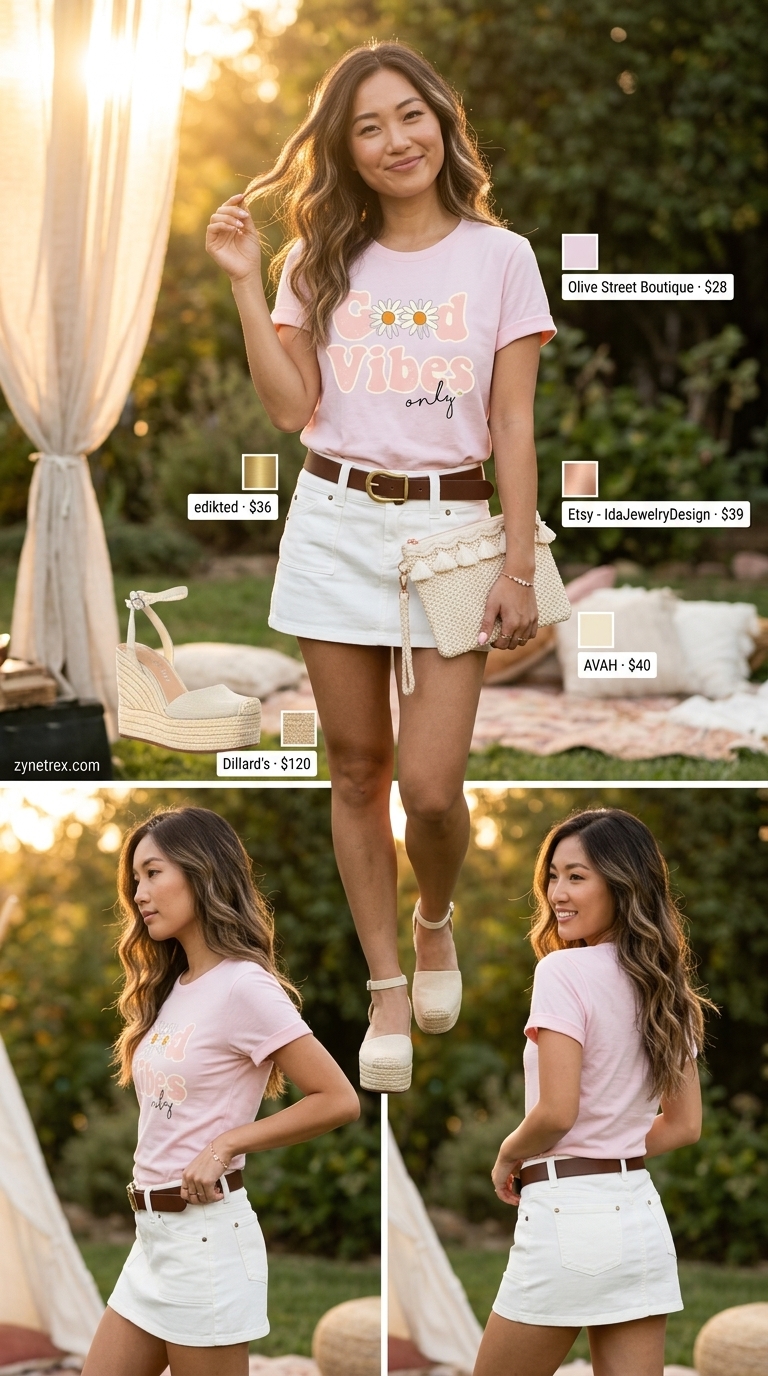 Backyard BBQ Graphic Tee Outfit 2026 Sweet graphic summer t-shirt outfit for women 2026: Light pink graphic tee with a white denim mini skirt for a backyard BBQ.