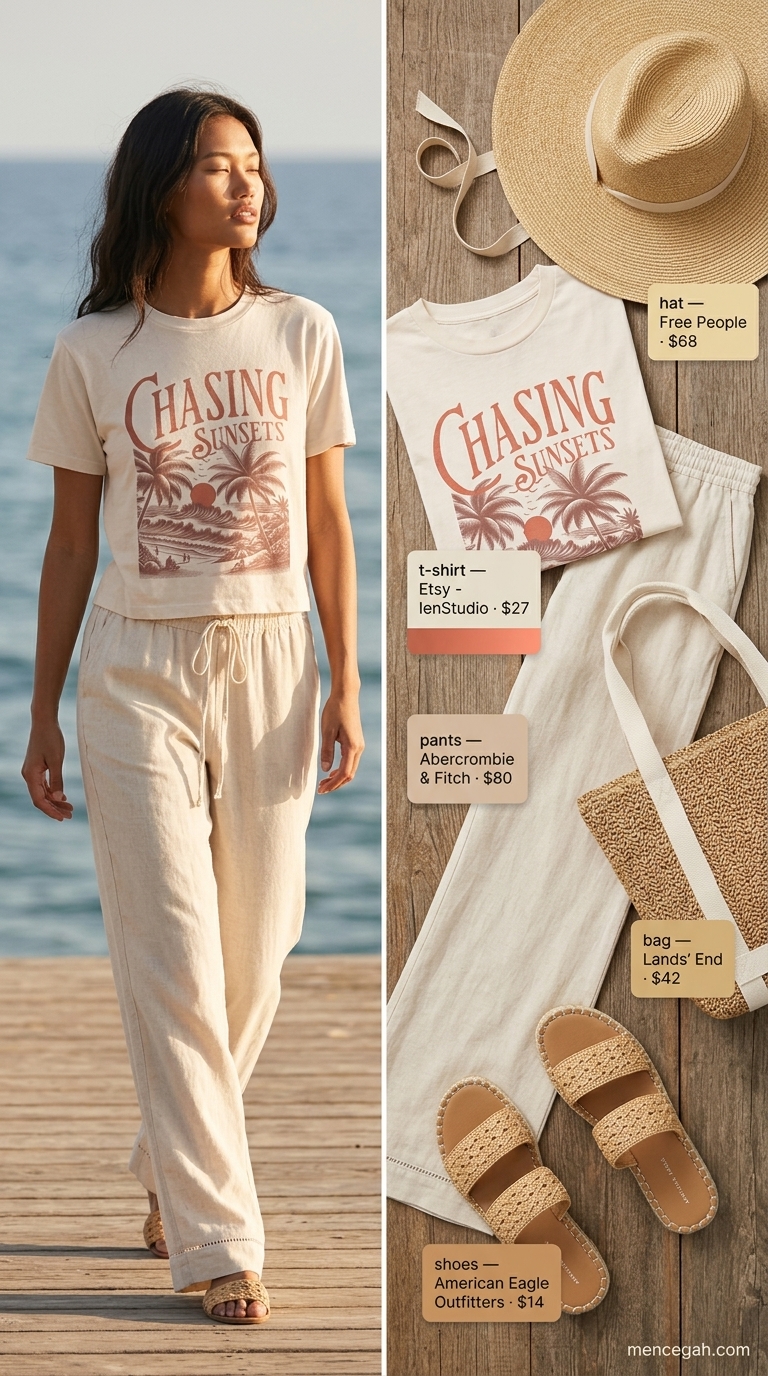 Coastal Escape Graphic Tee Outfit 2026 Relaxed graphic summer t-shirt outfit for women 2026: Cream graphic tee with linen pants and a straw tote for a coastal getaway.