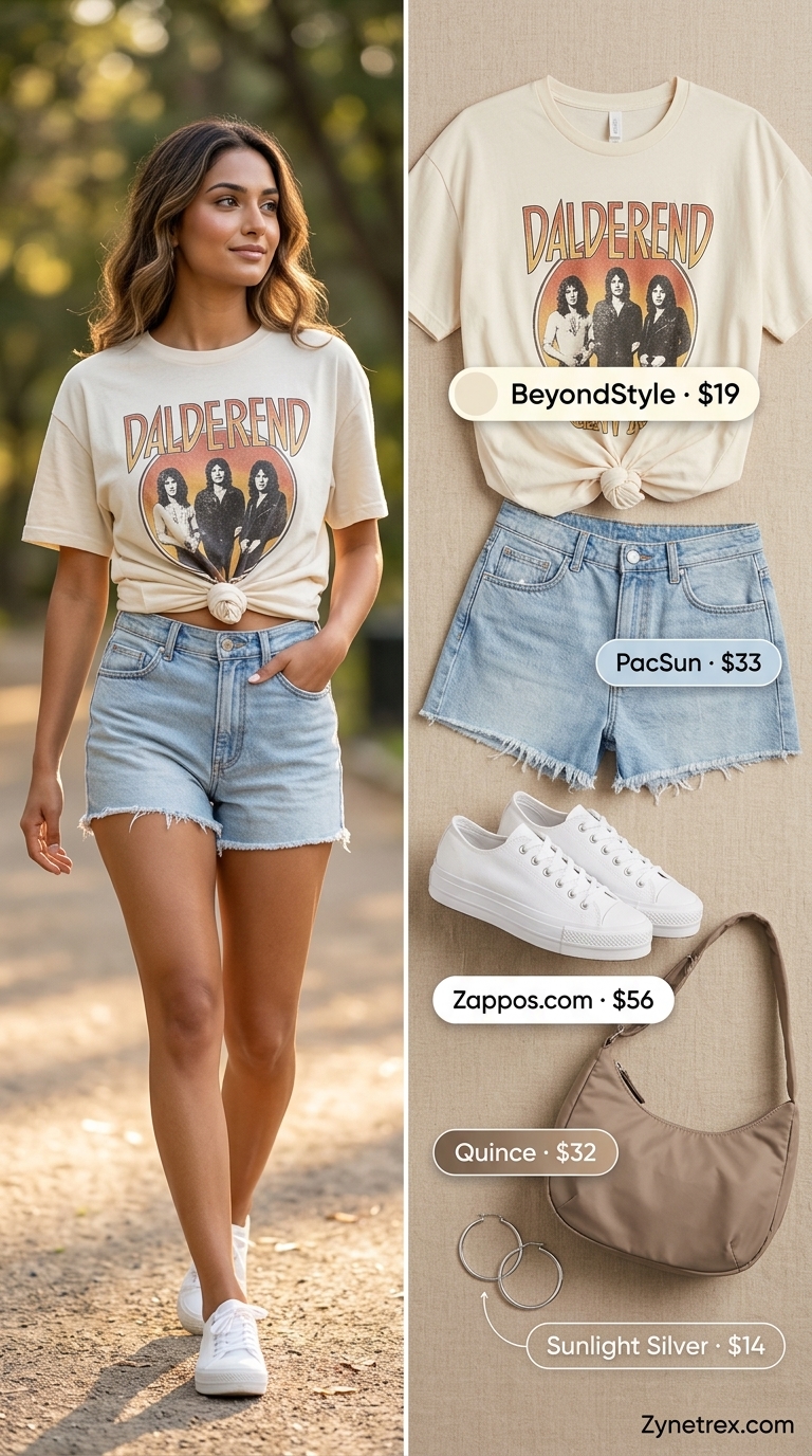 Brunch Graphic Tee Outfit 2026 Effortless graphic summer t-shirt outfit for women 2026: Oversized graphic tee with denim shorts and platform sneakers for brunch.