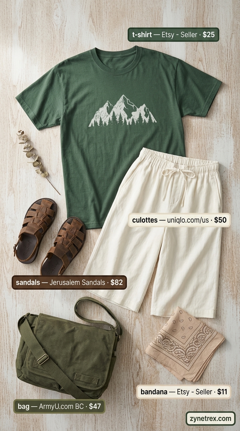 Lakeside Retreat Graphic Tee Outfit 2026 Outdoorsy graphic summer t-shirt outfit for women 2026: Forest green graphic tee with linen culottes and fisherman sandals for lakeside.
