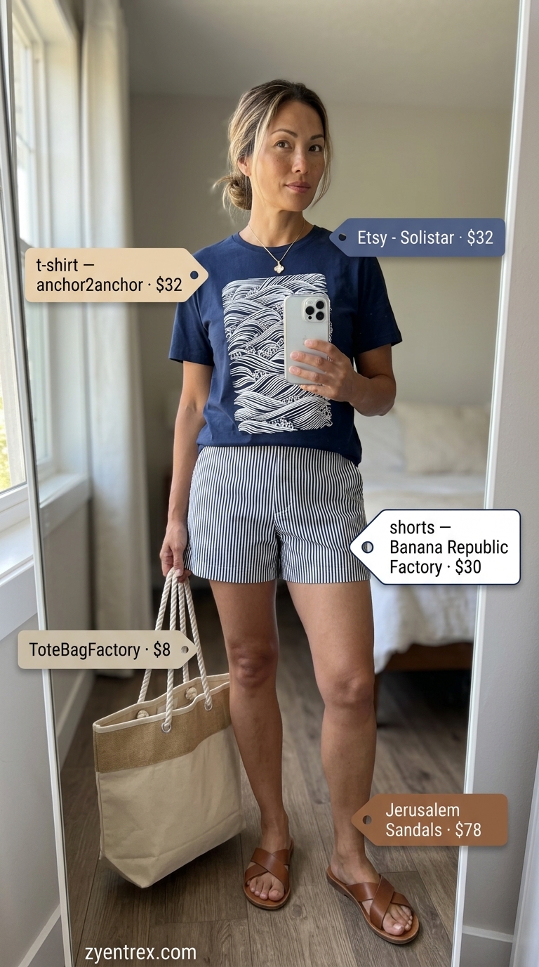Nautical Graphic Tee Outfit 2026 Nautical graphic summer t-shirt outfit for women 2026: Navy graphic tee with striped linen shorts and leather slides for seaside.