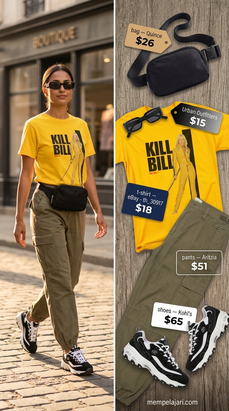 Dynamic graphic summer t-shirt outfit for women 2026: Bright yellow graphic tee with khaki cargo pants and platform sneakers.