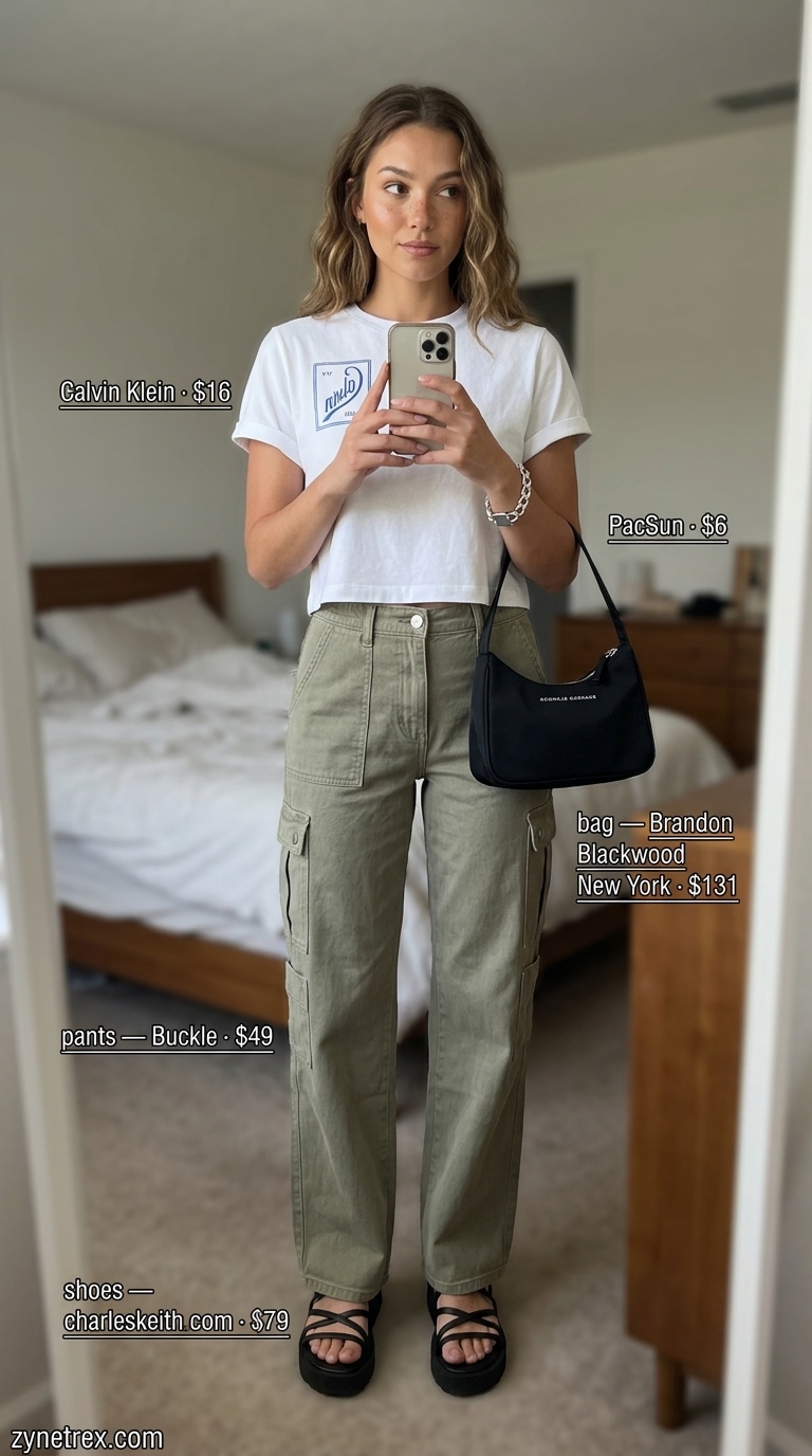 Urban Explorer Graphic Tee Outfit 2026 Graphic summer t-shirt outfit for women 2026: Edgy urban explorer look with khaki cargo pants, white graphic tee, and platform sandals.