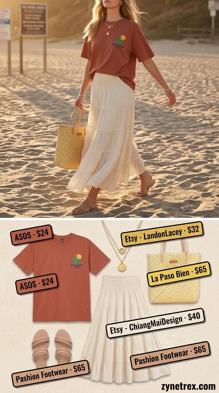 Beach Bonfire Graphic T-Shirt Outfit 2026 Graphic summer t-shirt outfit for women 2026: Nature graphic tee, tiered maxi skirt, straw tote, slide sandals for beach bonfire.