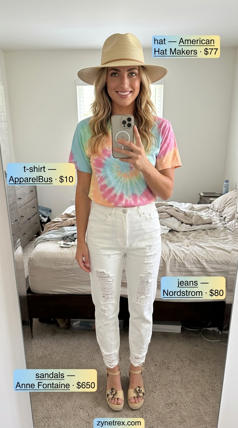Boho Festival Graphic T-Shirt Outfit 2026 Graphic summer t-shirt outfit for women 2026: Pastel tie-dye tee, white jeans, straw hat, espadrilles for boho festival.