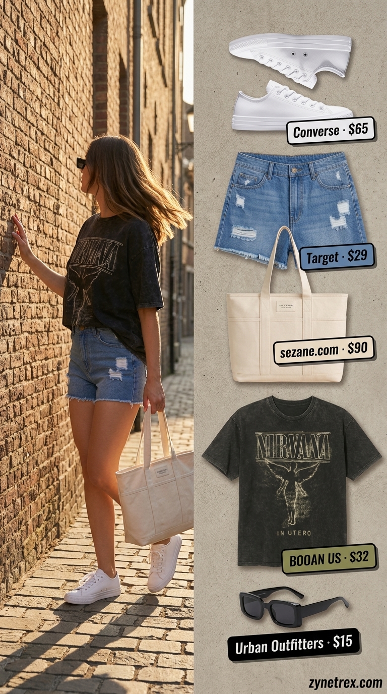 Graphic Summer T-Shirt Outfit 2026: City Break Style Graphic summer t-shirt outfit for women 2026: Oversized band tee, distressed denim shorts, white sneakers, canvas tote for city break.