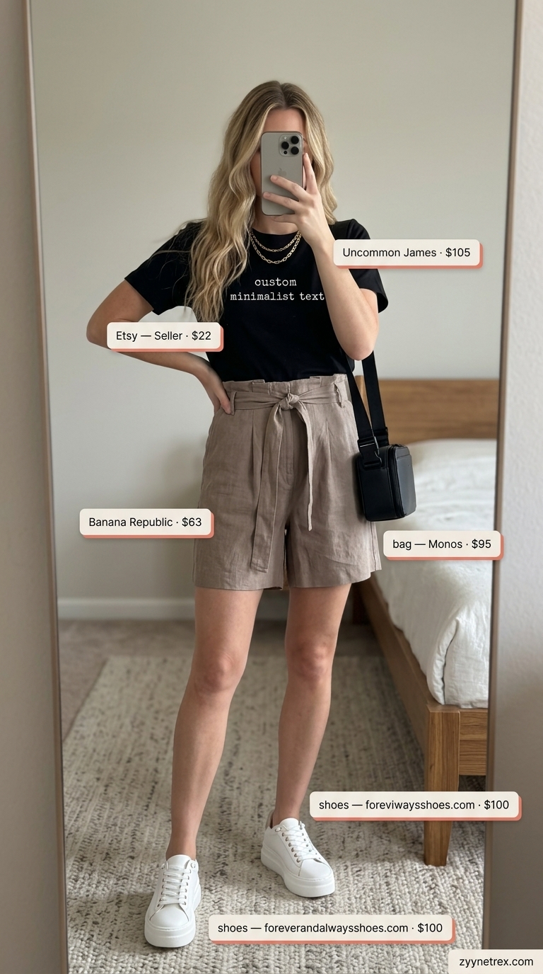 City Commuter Graphic T-Shirt Outfit 2026 Graphic summer t-shirt outfit for women 2026: Fitted text tee, paperbag shorts, platform sneakers, belt bag for city errands.