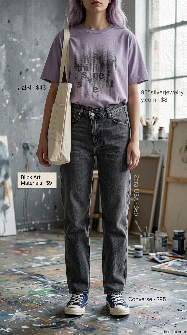 Creative Studio Graphic T-Shirt Outfit 2026 Graphic summer t-shirt outfit for women 2026: Abstract tee, charcoal jeans, canvas sneakers, tote bag for creative studio.
