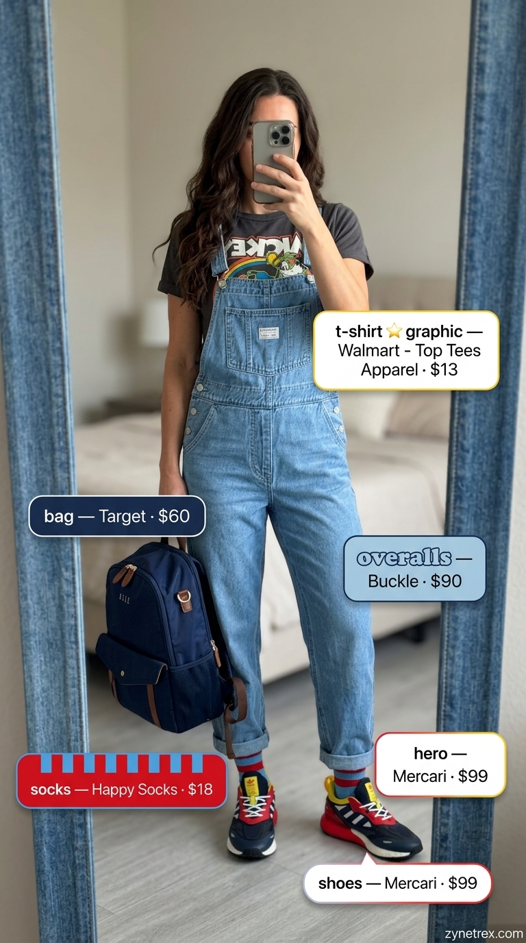 Park Day Graphic T-Shirt Outfit 2026 Graphic summer t-shirt outfit for women 2026: Cartoon graphic tee, denim overalls, color block sneakers for park day.