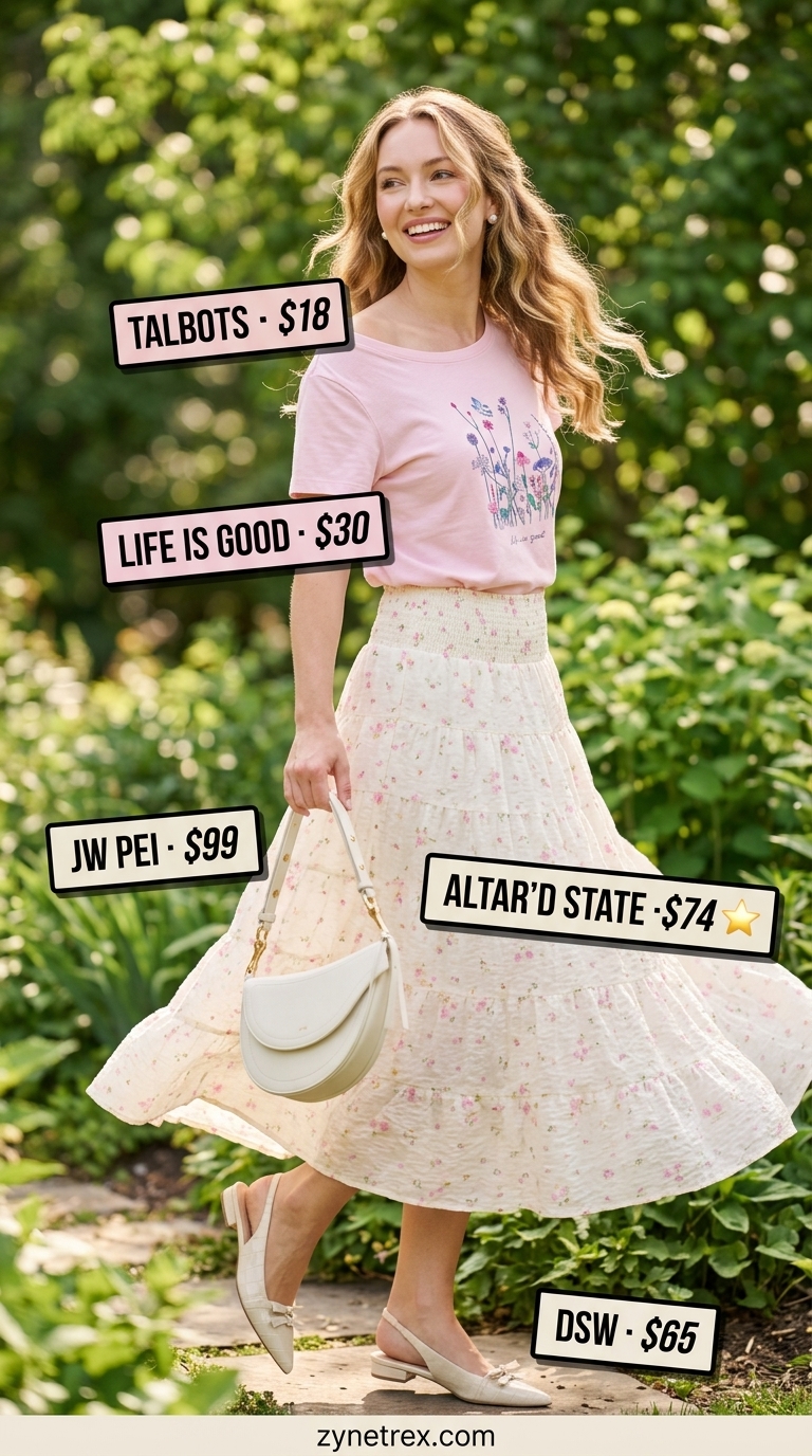 Park Picnic Graphic T-Shirt Outfit 2026 Graphic summer t-shirt outfit for women 2026: Botanical tee, floral midi skirt, ballet flats for park picnic.