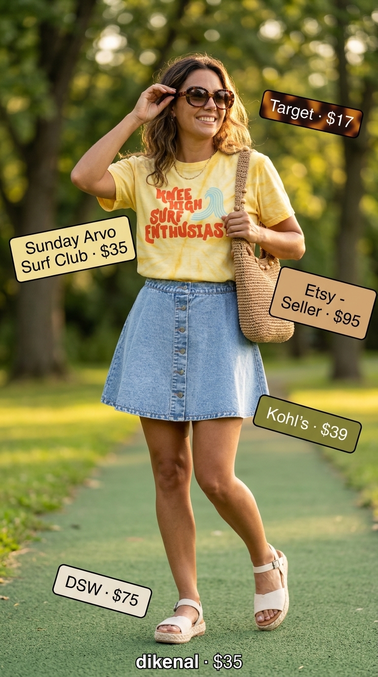 Retro Roller Rink Graphic T-Shirt Outfit 2026 Graphic summer t-shirt outfit for women 2026: Retro surf tee, denim mini skirt, espadrilles, straw bag for roller rink.