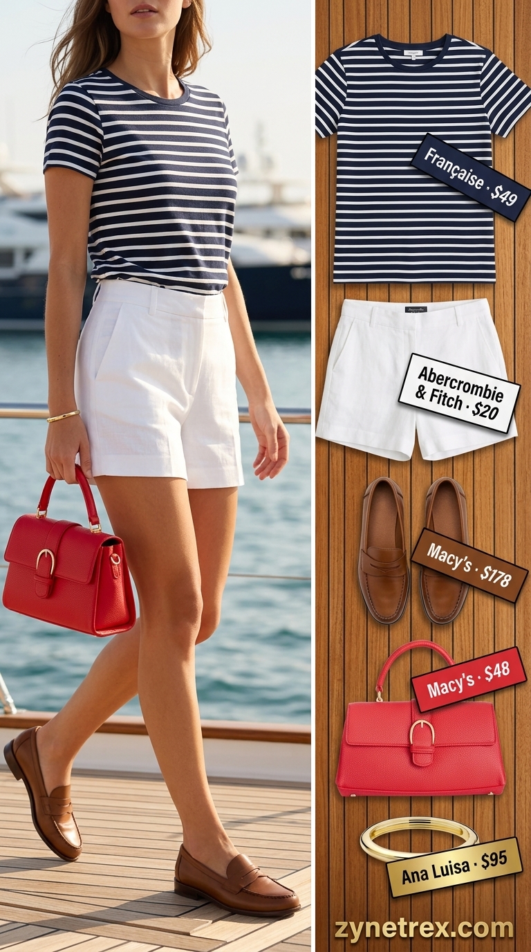 Yacht Club Graphic T-Shirt Outfit 2026 Graphic summer t-shirt outfit for women 2026: Anchor graphic tee, linen shorts, penny loafers, top-handle bag for yacht club.