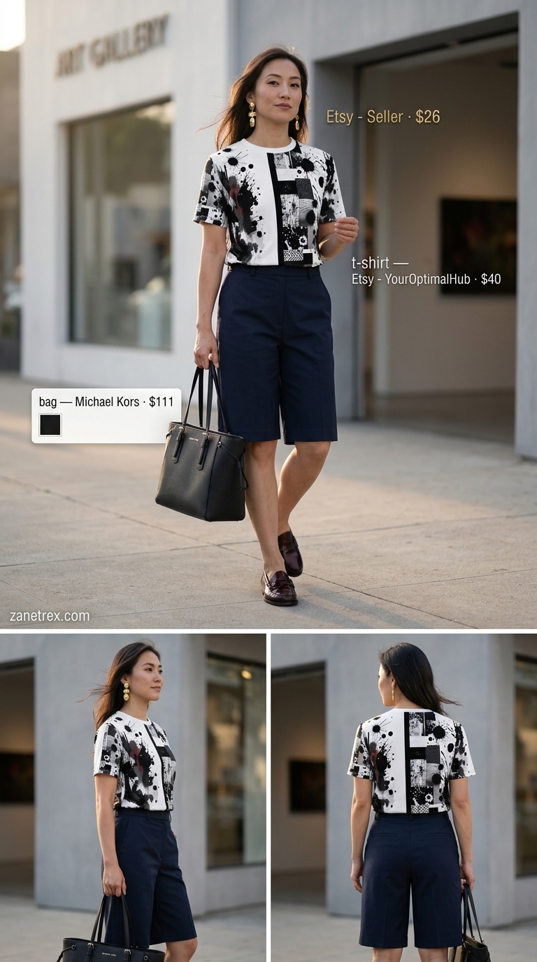 Artistic Style: Graphic Summer T-Shirt Outfit 2026 Graphic summer t-shirt outfit for women 2026: Charcoal tee, navy shorts, loafers for art museum visit.