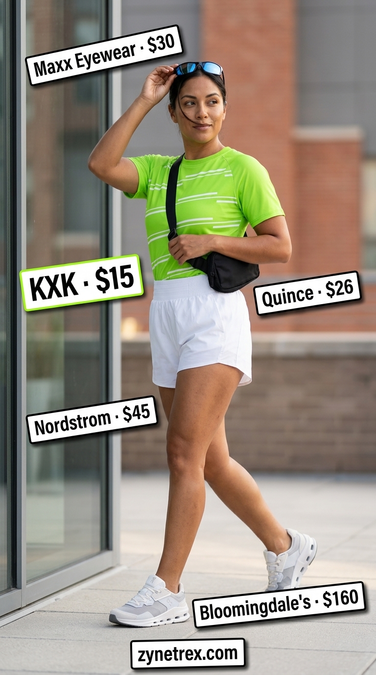 Sporty Chic: Graphic Summer T-Shirt Outfit 2026 Graphic summer t-shirt outfit for women 2026: Neon green tee, white shorts, sneakers for athletic day.