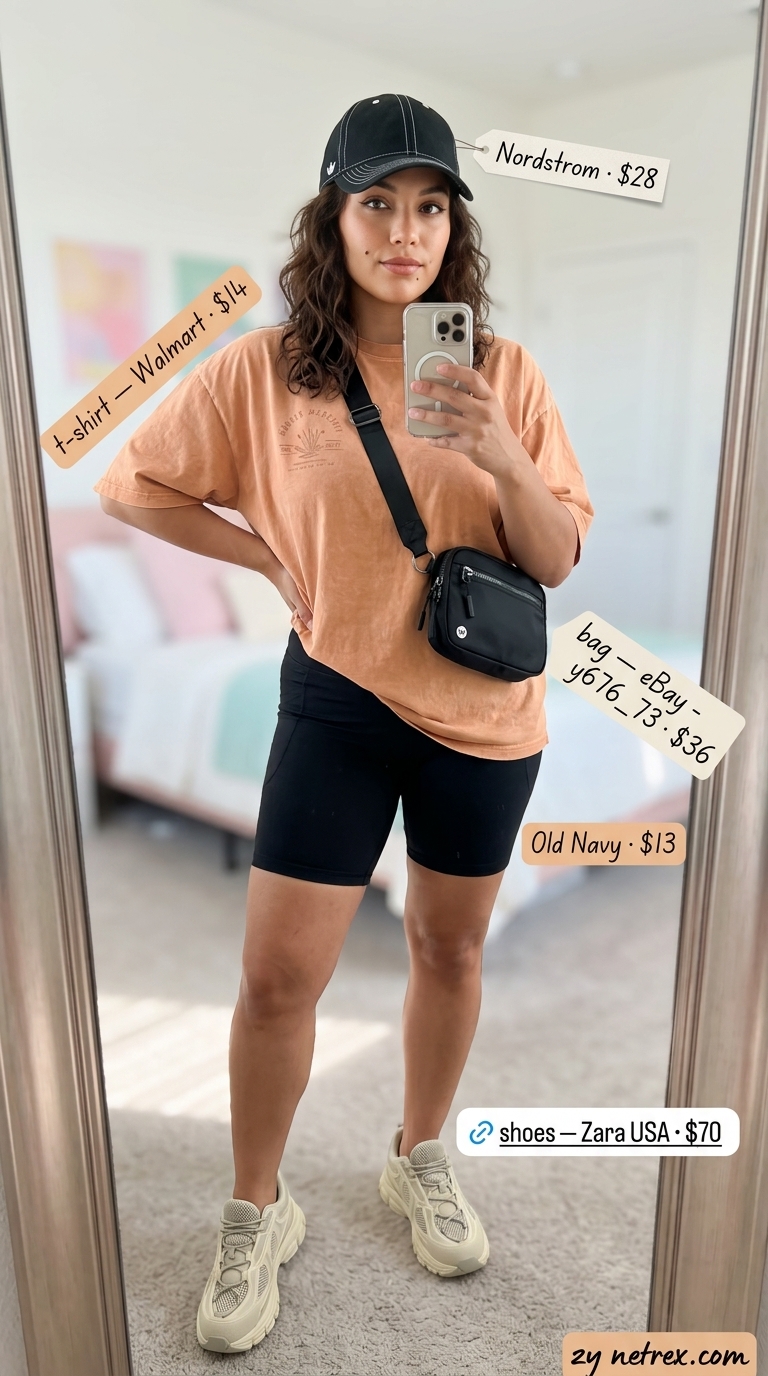Casual Cool: Graphic Summer T-Shirt Outfit 2026 Graphic summer t-shirt outfit for women 2026: Orange graphic tee, black biker shorts, sneakers for errands.
