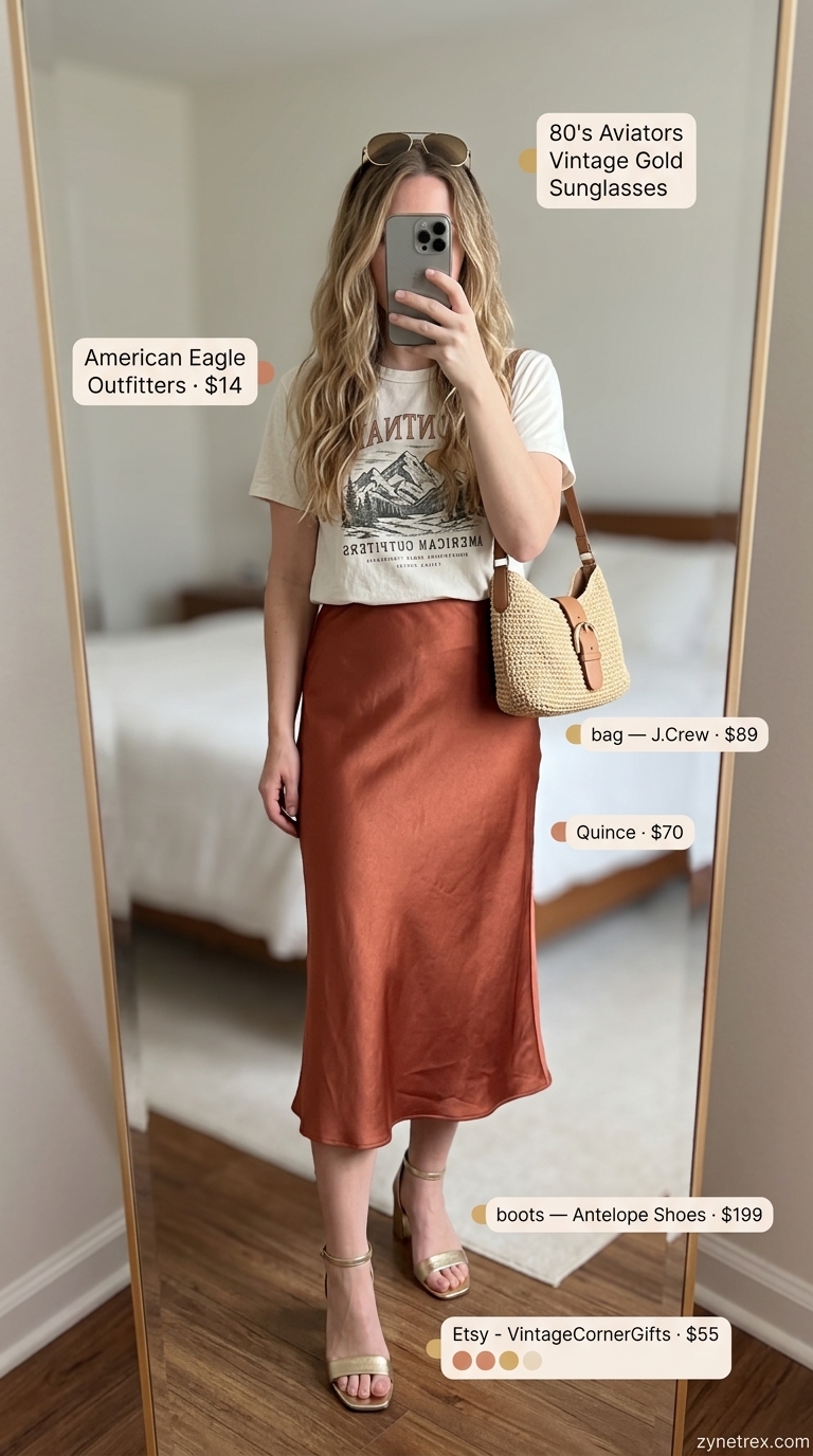 Coastal Glam: Graphic Summer T-Shirt Outfit 2026 Graphic summer t-shirt outfit for women 2026: Cream tee, terracotta satin midi skirt, bronze sandals for vacation dinner.
