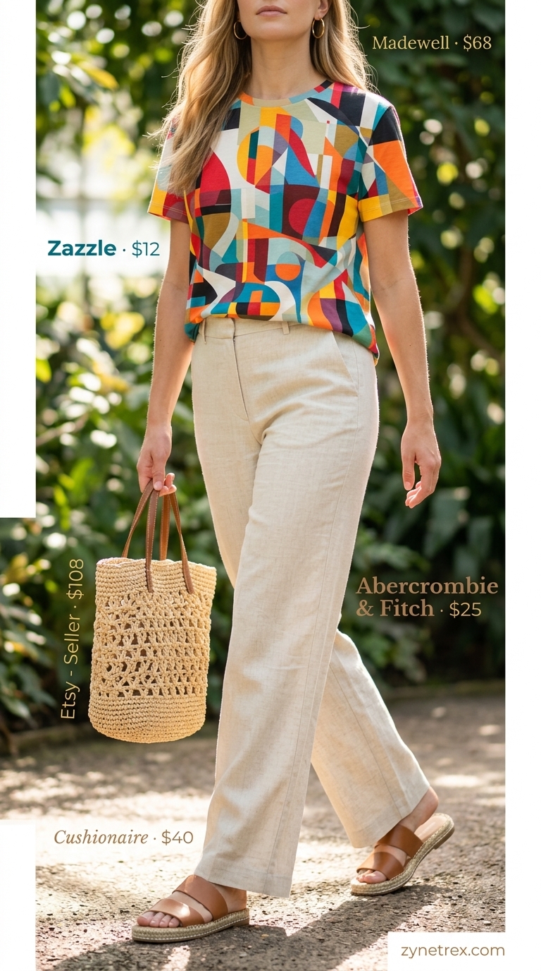 Artsy Brunch: Graphic Summer T-Shirt Outfit 2026 Graphic summer t-shirt outfit for women 2026: White graphic tee, beige linen trousers, espadrilles for gallery brunch.