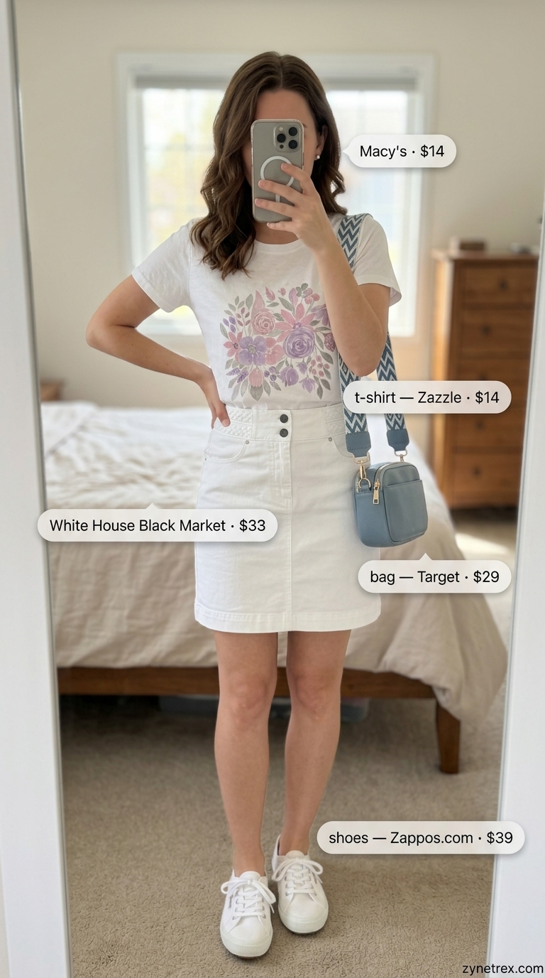 Sweet Picnic: Graphic Summer T-Shirt Outfit 2026 Graphic summer t-shirt outfit for women 2026: Pink floral tee, white denim skirt, sneakers for park picnic.