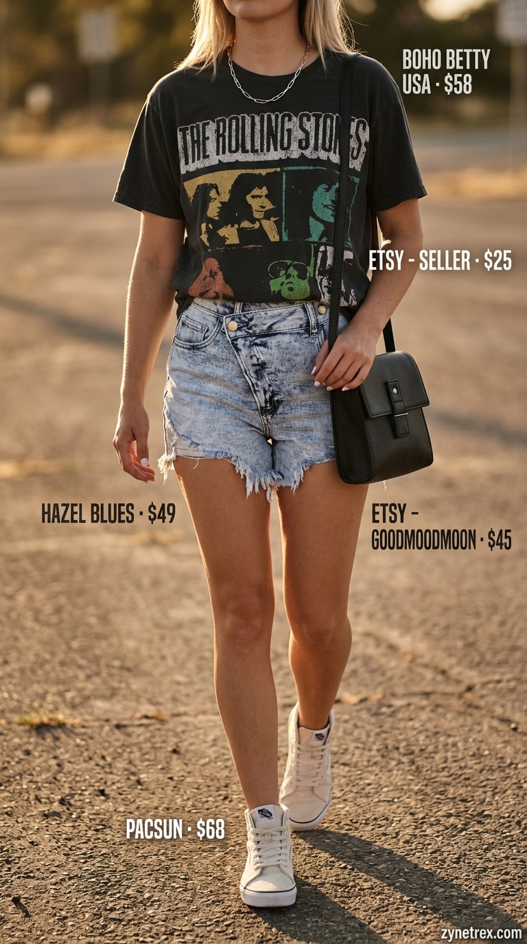 Edgy Road Trip: Graphic Summer T-Shirt Outfit 2026 Graphic summer t-shirt outfit for women 2026: Black band tee, denim shorts, sneakers for road trip.
