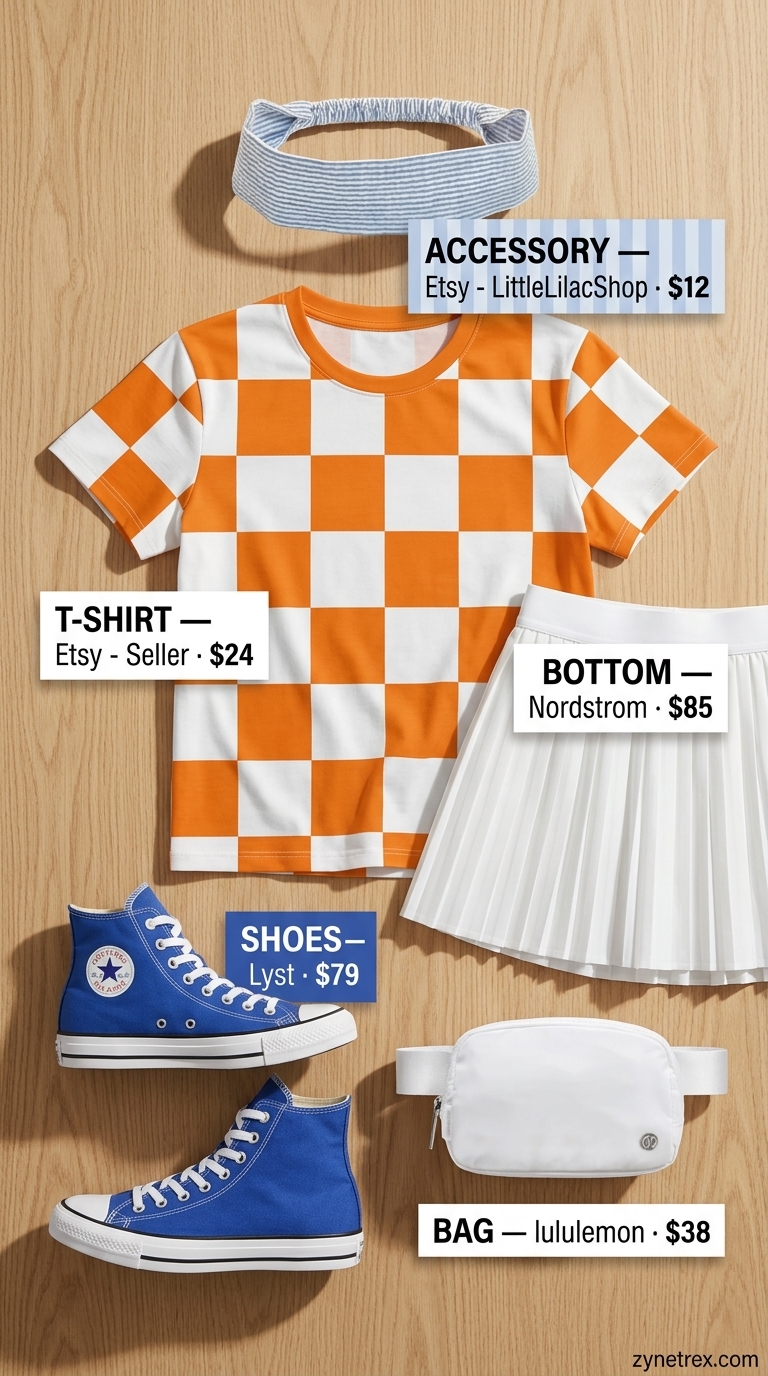 Retro Fun: Graphic Summer T-Shirt Outfit 2026 Graphic summer t-shirt outfit for women 2026: Orange graphic tee, white tennis skirt, sneakers for roller rink.