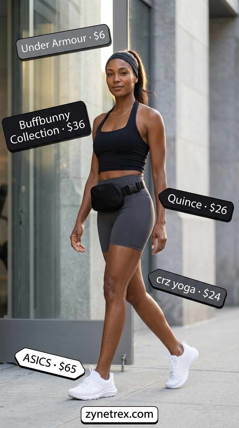 Sporty halter summer crop top outfits 2026: Black halter top with grey biker shorts & belt bag.