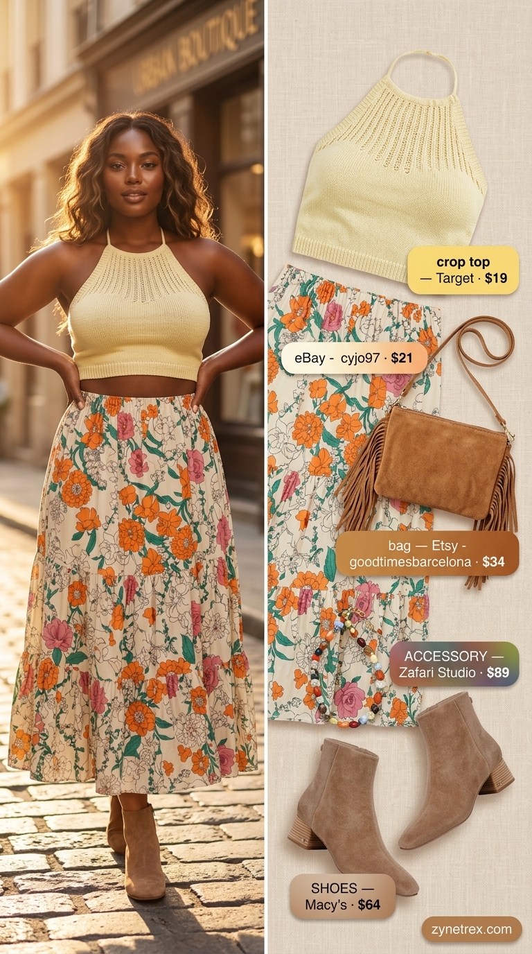 Boho beach halter summer crop top outfits 2026 with floral maxi skirt, suede boots, and fringe bag for festivals.