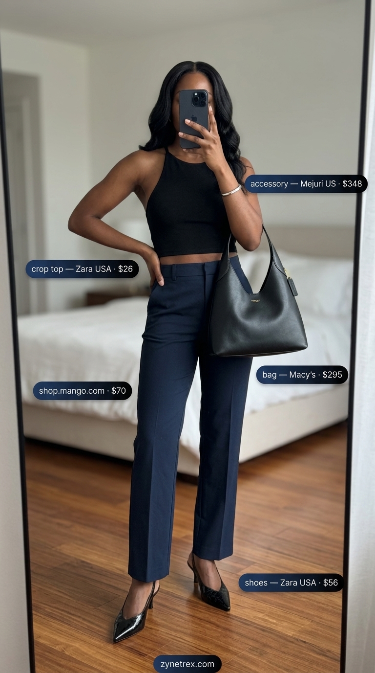 Chic city halter summer crop top outfits 2026 with tailored trousers, heels, and silver jewelry for business casual.