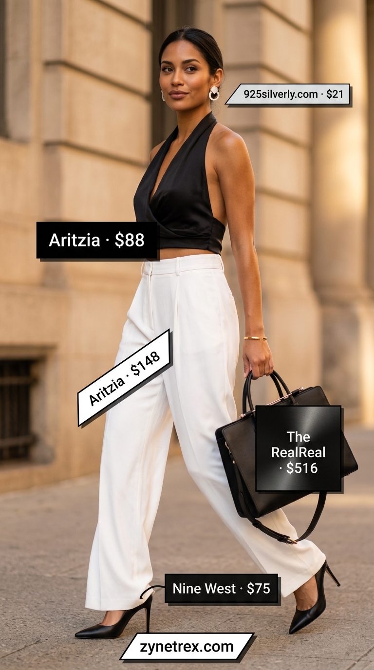 Chic halter summer crop top outfits 2026: Black halter top with tailored wide-leg trousers & stiletto heels.