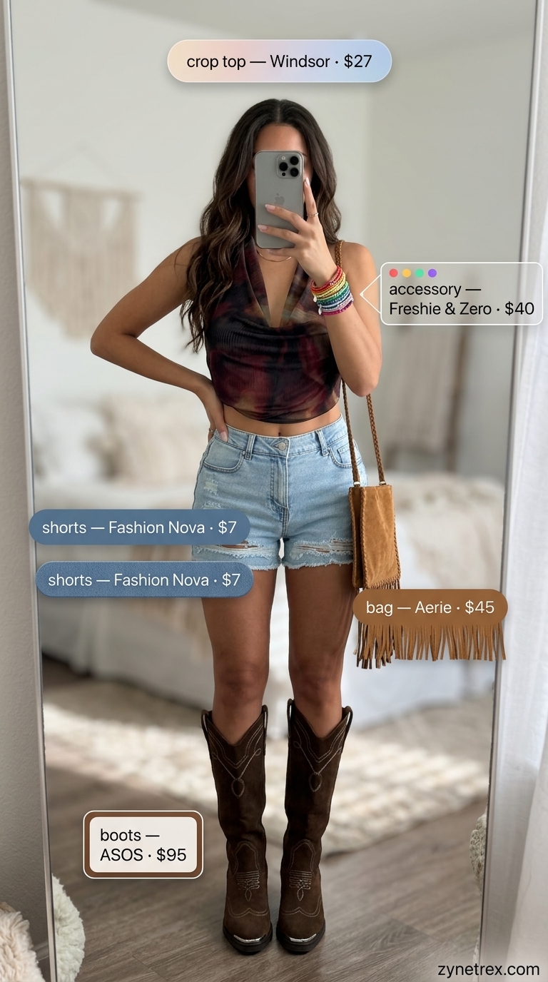 Festival ready halter summer crop top outfits 2026 with denim shorts, fringe bag, and knee-high boots.