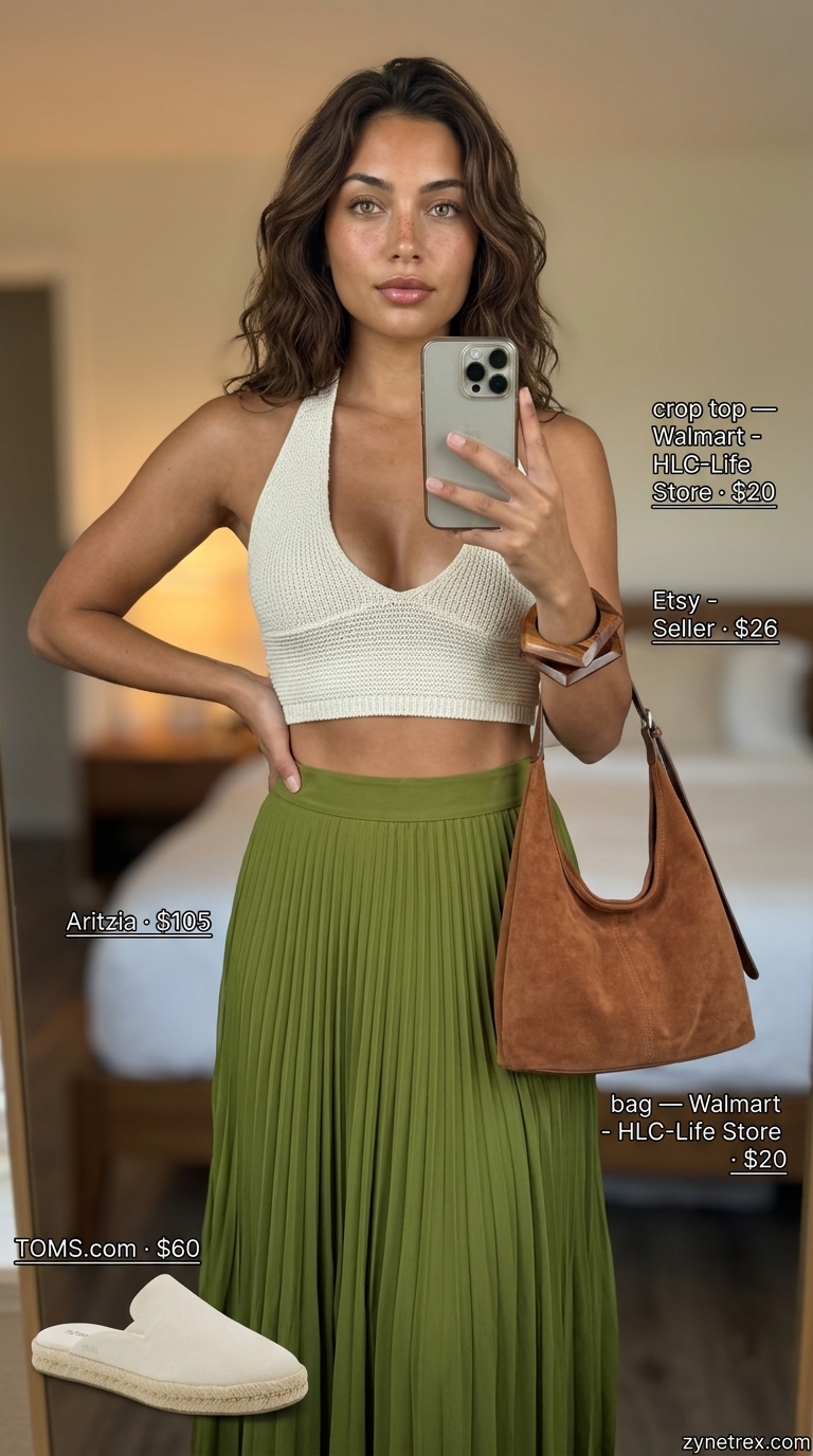 Earthy halter summer crop top outfits 2026: Mustard yellow halter top with olive green midi skirt & espadrilles.