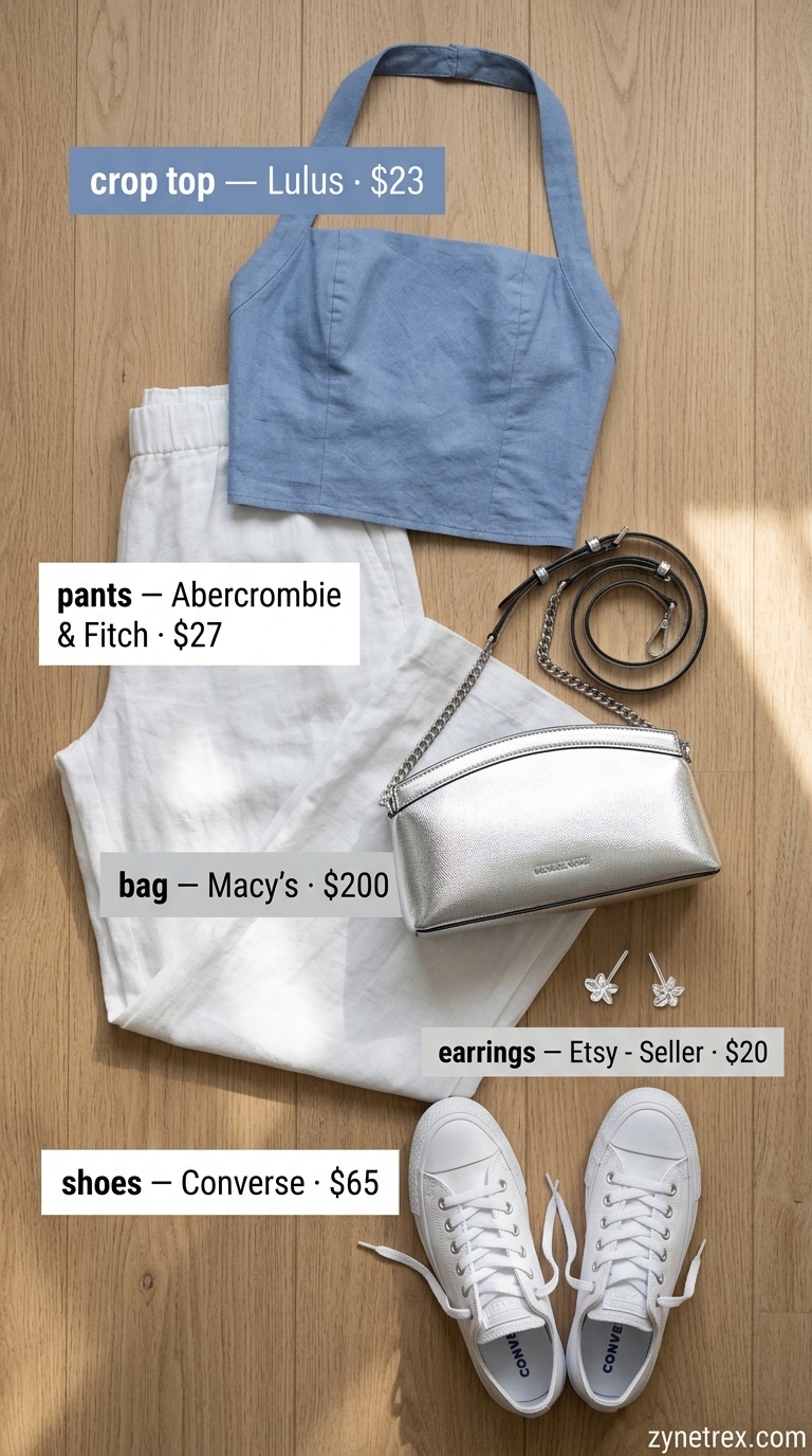 Fresh halter summer crop top outfits 2026: Pastel blue halter top with white linen pants & silver crossbody.