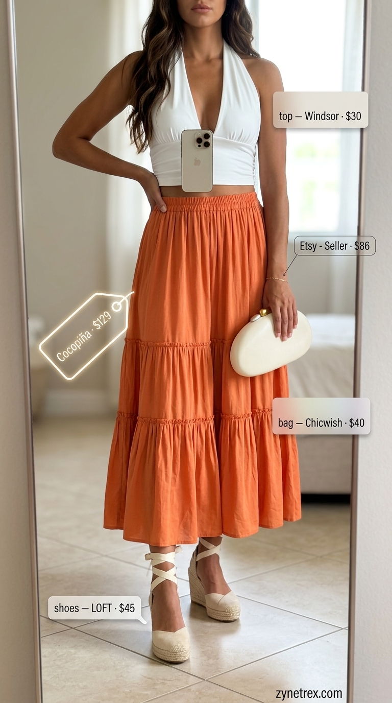 Mediterranean sunset halter summer crop top outfits 2026 with maxi skirt, espadrilles, and clutch for evening events.