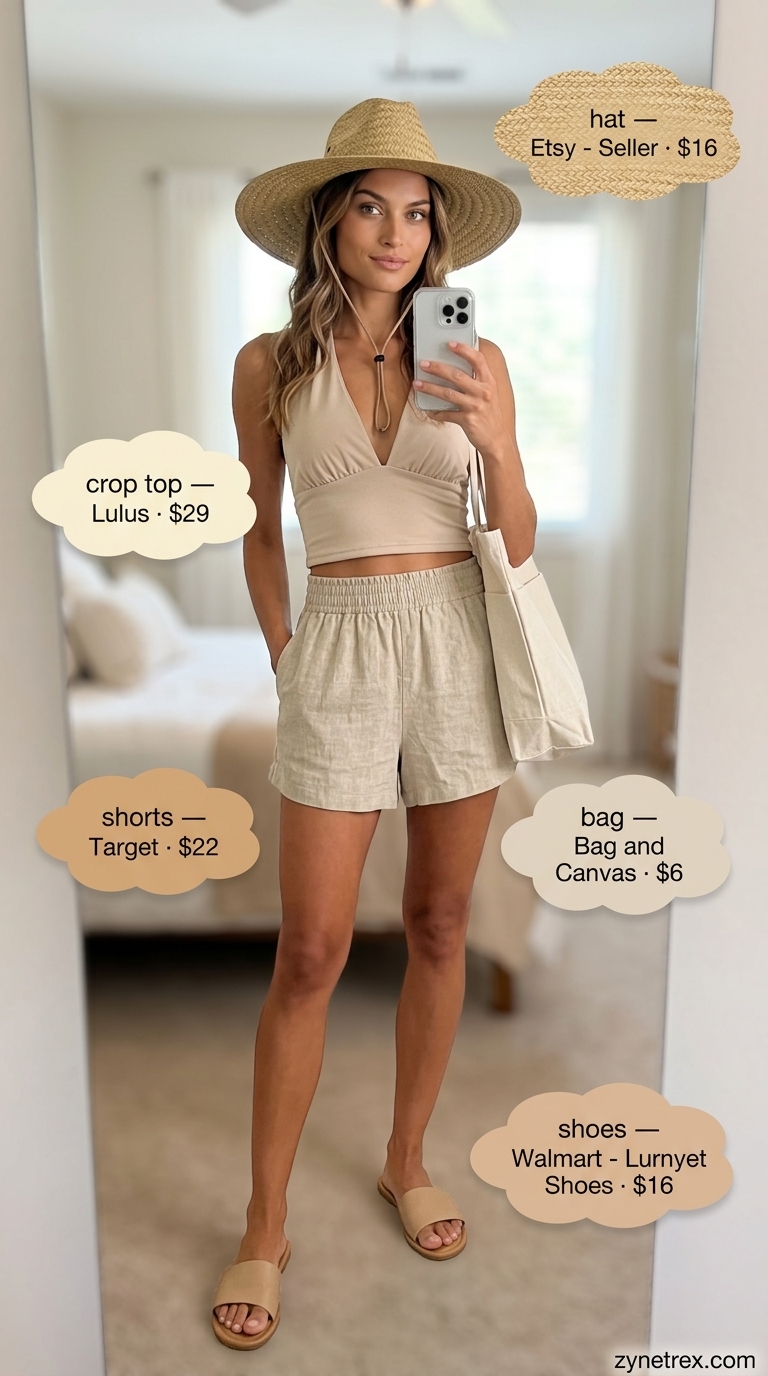 Weekend getaway halter summer crop top outfits 2026 with linen shorts, straw hat, and tote for travel.