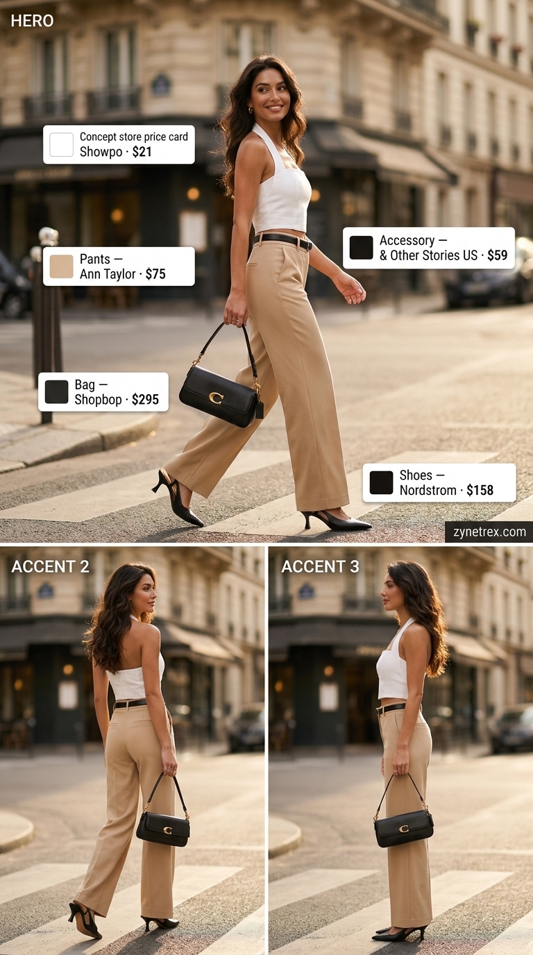 Chic city summer outfit with a white halter summer crop top, beige wide-leg trousers, and pointed-toe slingbacks. 2026.