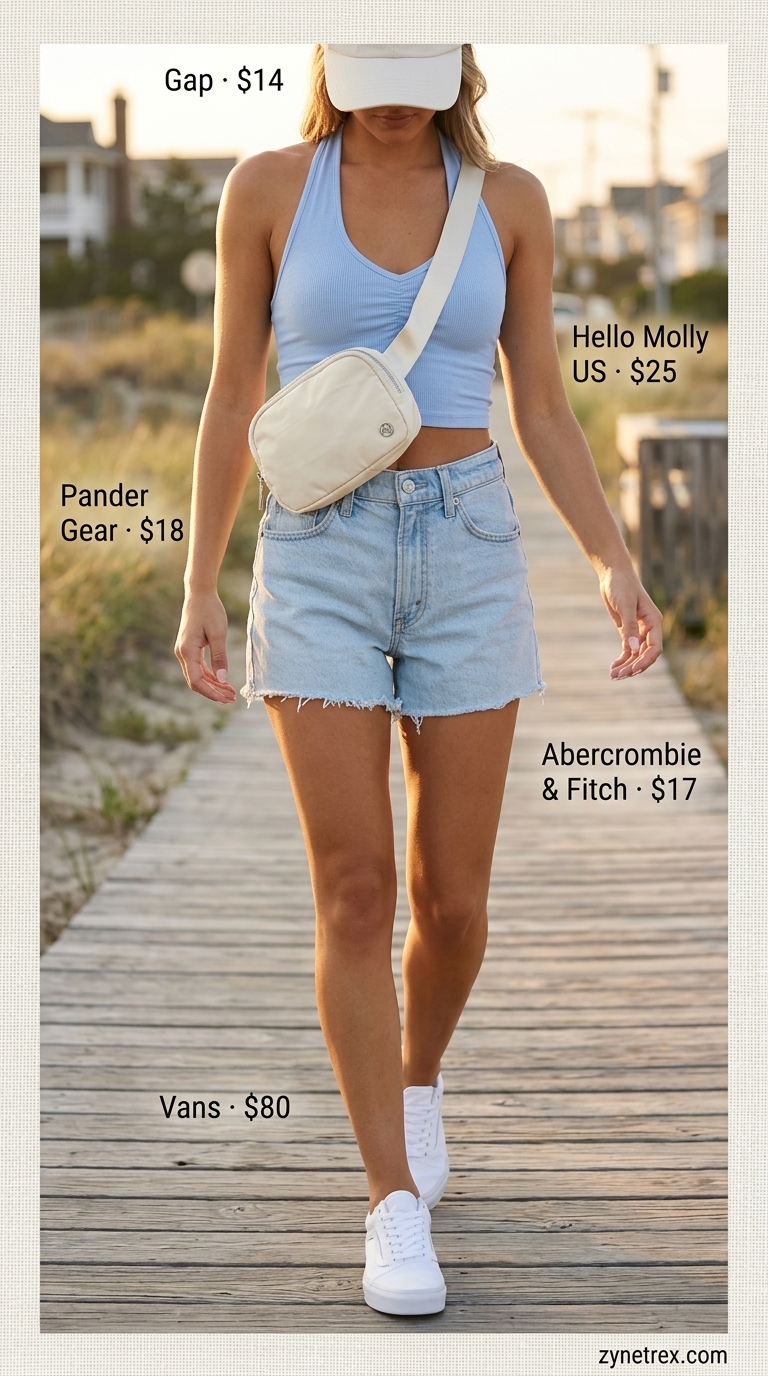 Casual coastal outfit with a sky blue halter summer crop top, light wash denim shorts, sneakers, and a baseball cap. 2026.