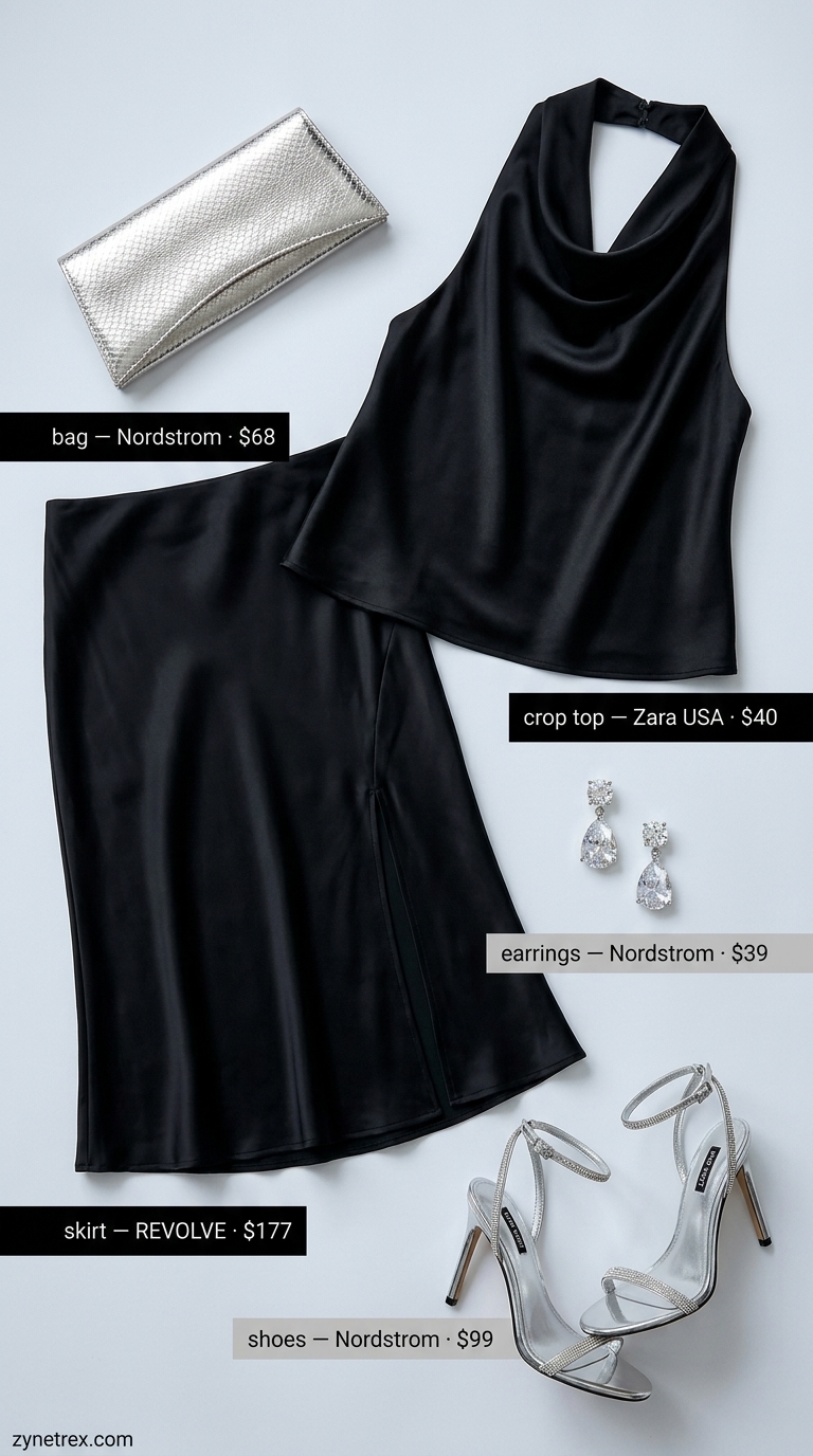 Elegant black satin halter summer crop top with a sleek midi skirt for formal events. 2026.