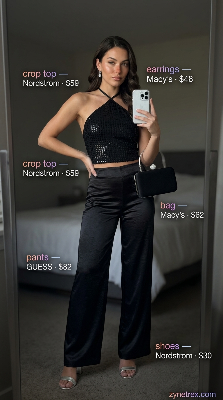 Glamorous black sequin halter summer crop top paired with wide-leg satin pants for a night out. 2026.