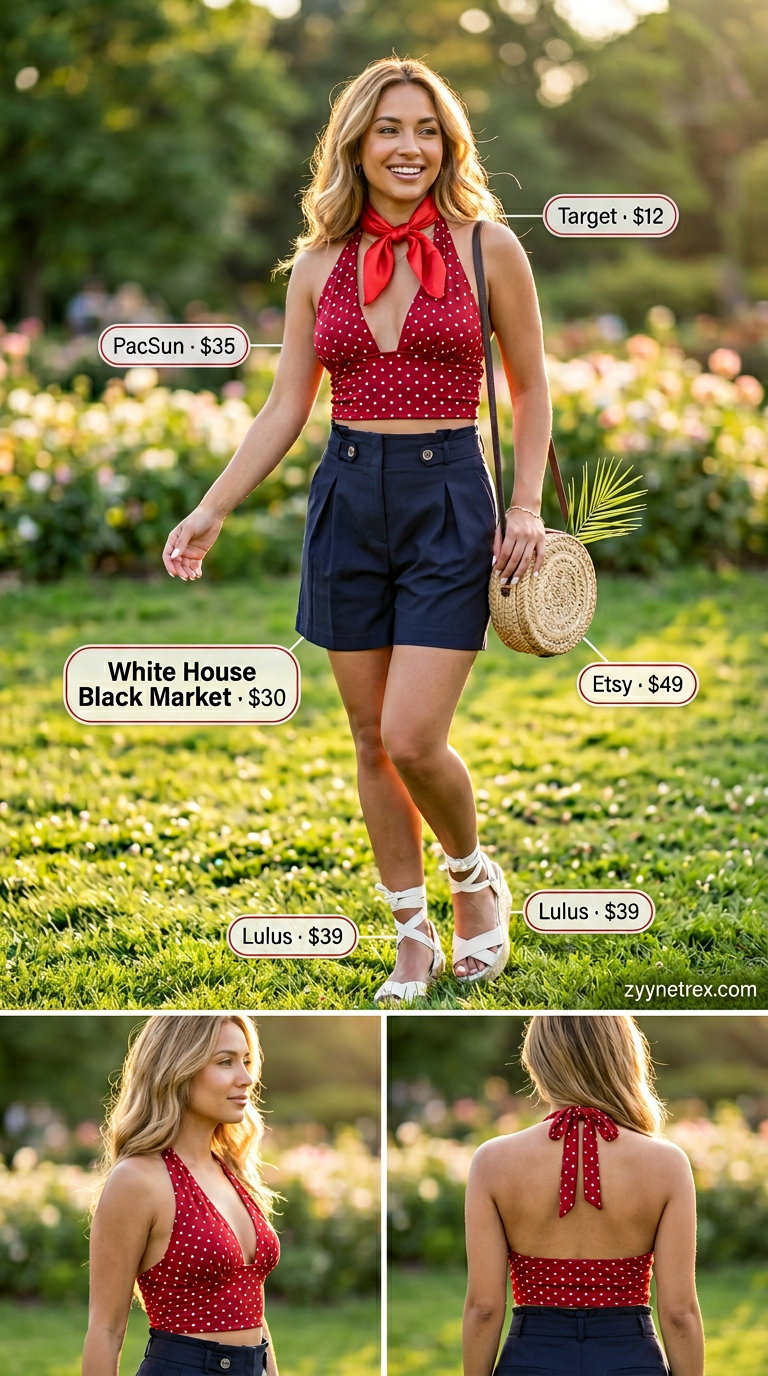 Retro summer picnic outfit with a red polka dot halter summer crop top, navy shorts, and espadrille wedges. 2026.